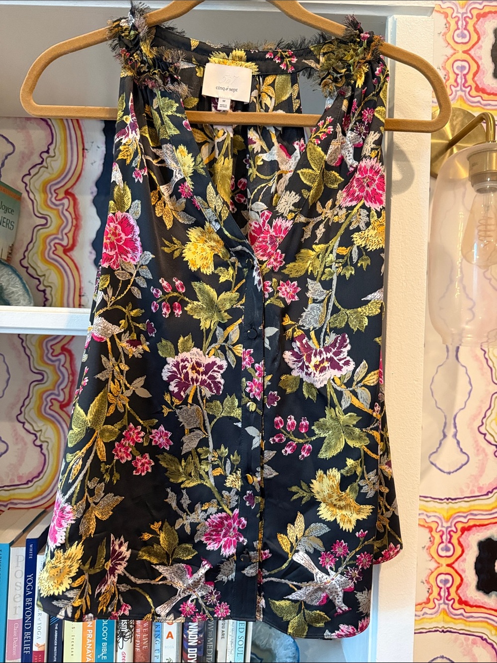 cinq a sept Black Floral Button-Front Camisole with Pink & Yellow Blooms